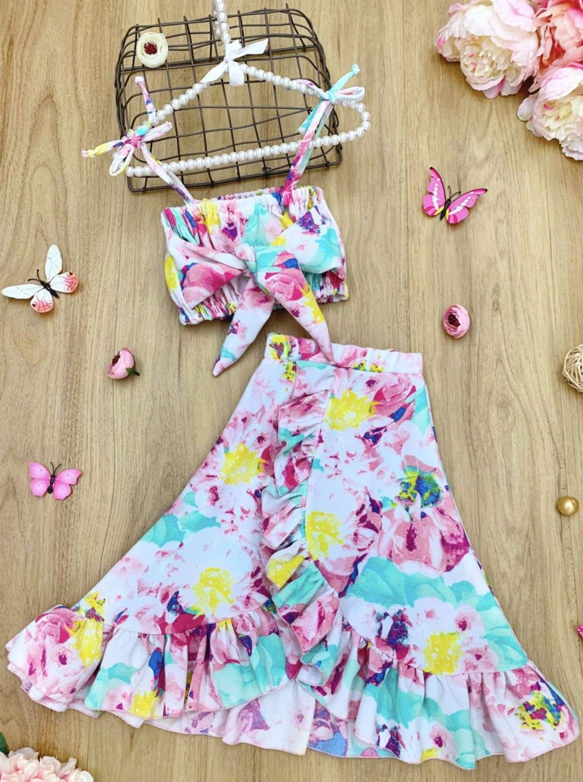 Toddler Spring Clothes | Girls Floral Crop Top & Ruffled Wrap Skirt