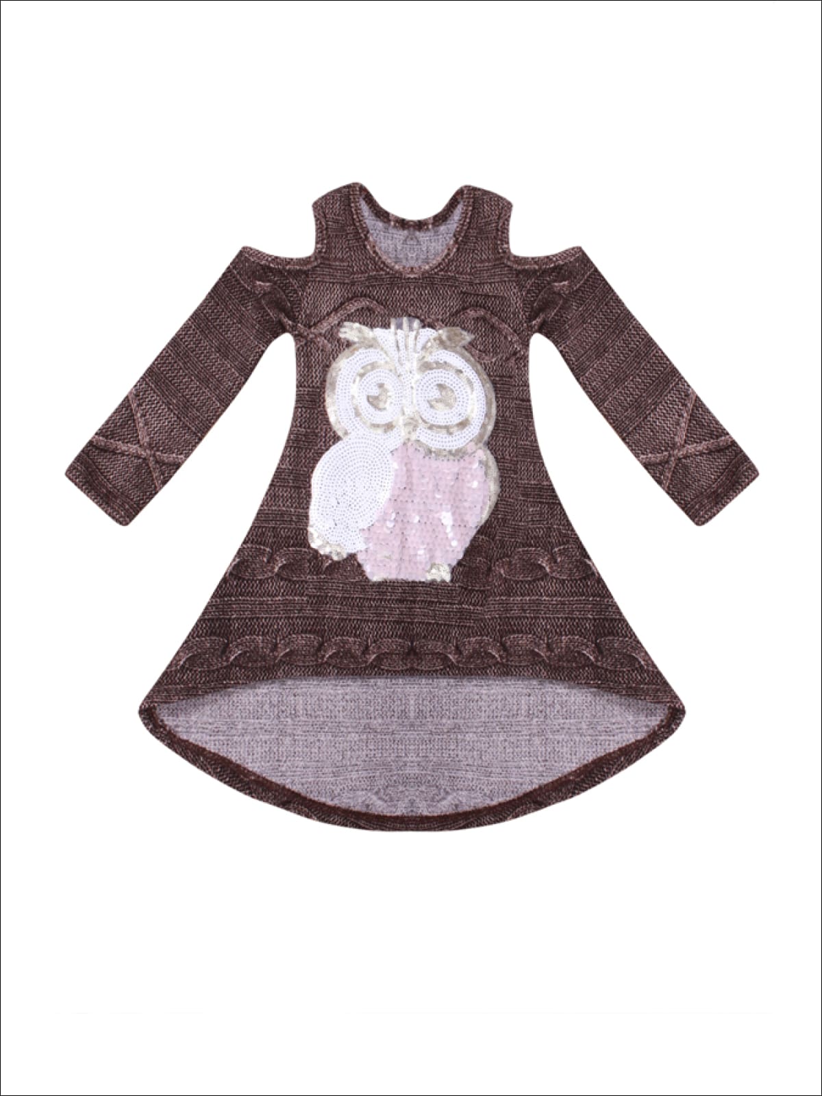 Girls Brown Hi-Lo Long Sleeve Cold Shoulder Cable Knit Tunic with Sequin Owl Applique - Girls Fall Top