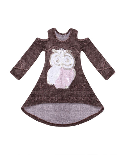 Girls Brown Hi-Lo Long Sleeve Cold Shoulder Cable Knit Tunic with Sequin Owl Applique - Girls Fall Top