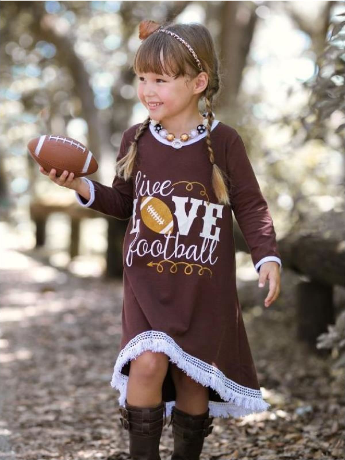 Girls Brown Live Love Football Graphic Print Dress - Girls Fall Casual Dress
