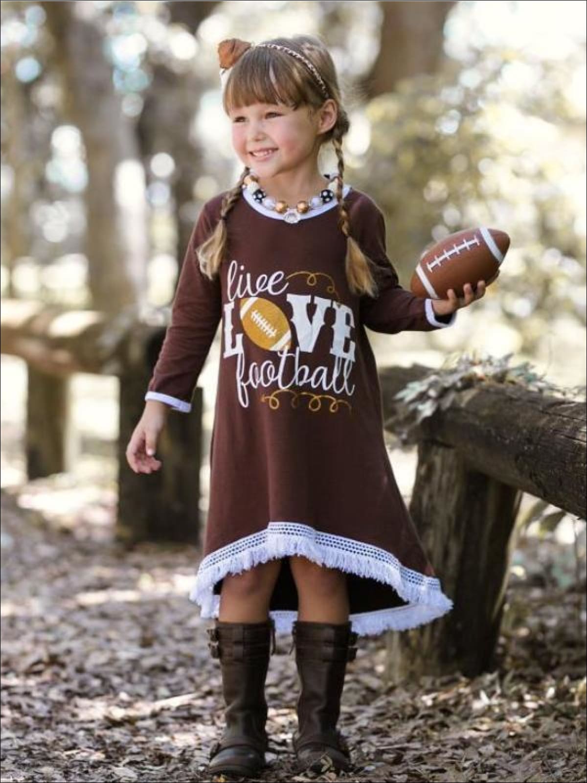 Girls Brown Live Love Football Graphic Print Dress - Girls Fall Casual Dress
