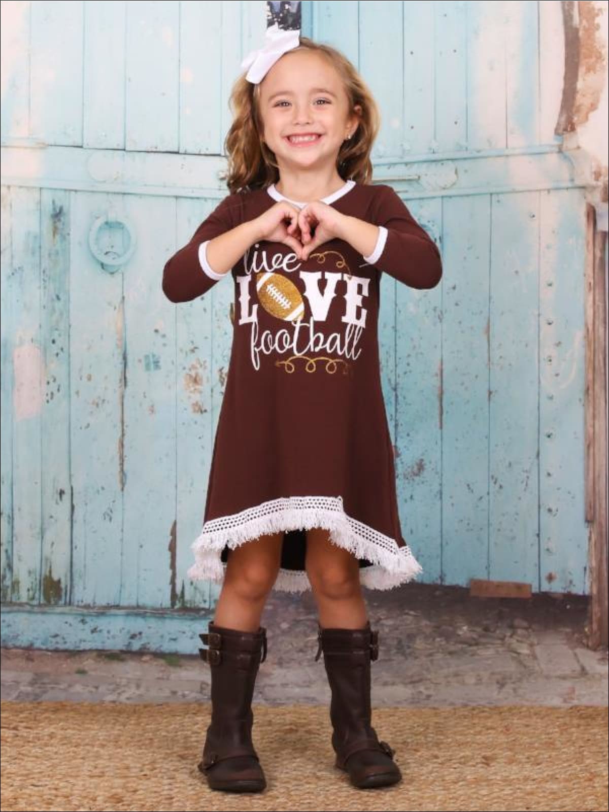 Girls Brown Live Love Football Graphic Print Dress - Girls Fall Casual Dress