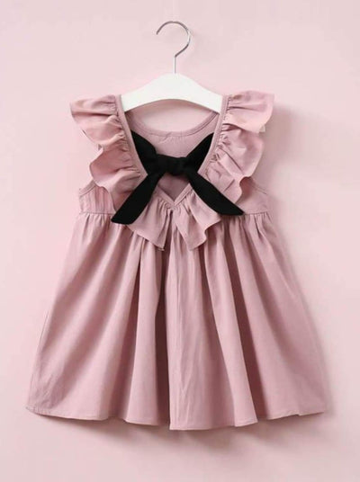 Girls Casual Ruffled Flutter Sleeve Dress with a Bow - Girls Spring Casual Dress