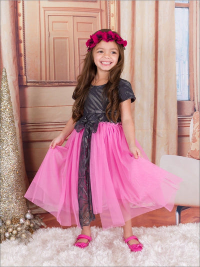 Girls Charcoal & Pink Princess Overlay Dress with Large Bow - Girls Spring Dressy Dress
