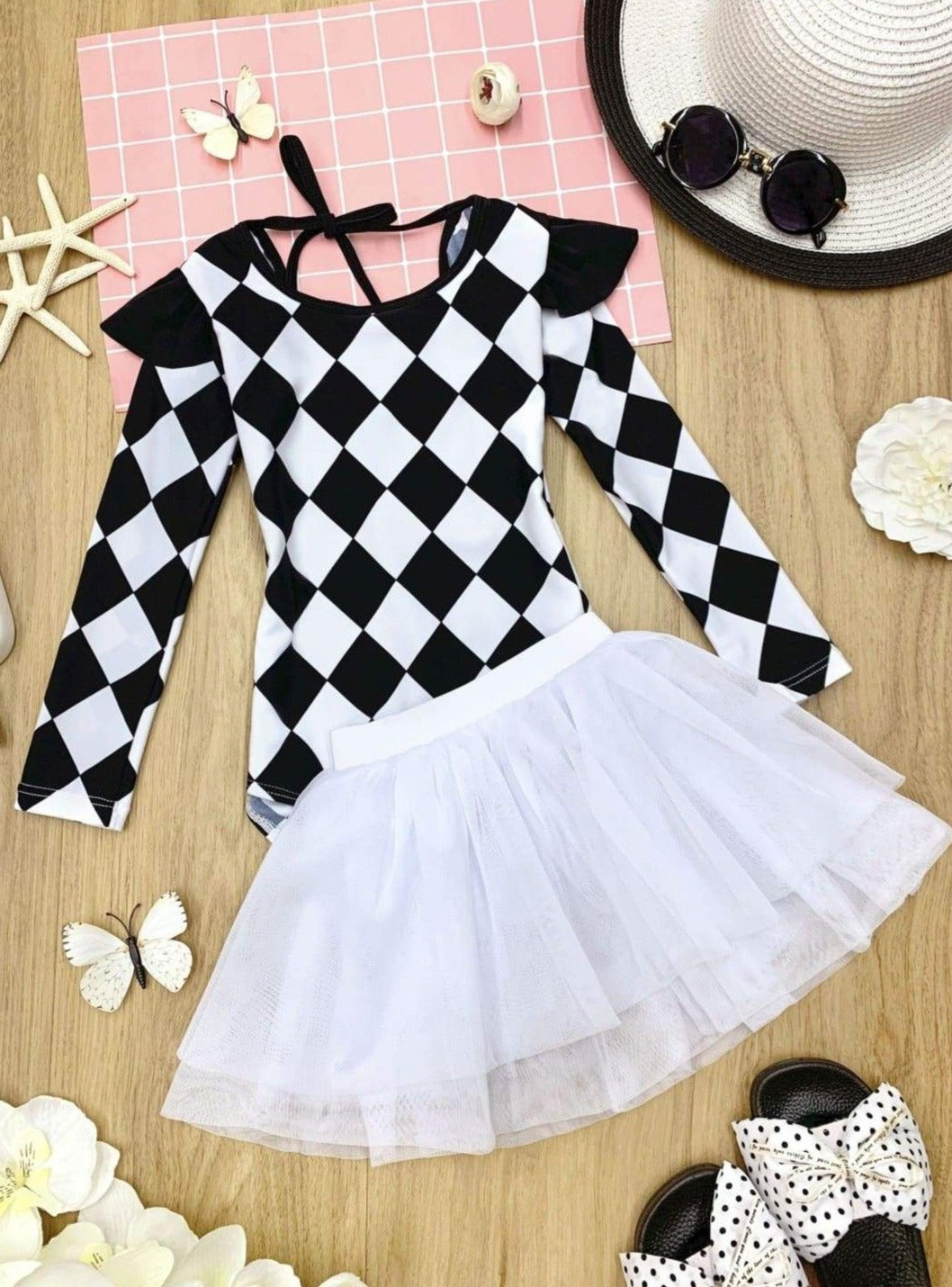 Toddler Rash Guard Swimsuit | Plaid One-Piece Swimsuit & Tutu Skirt