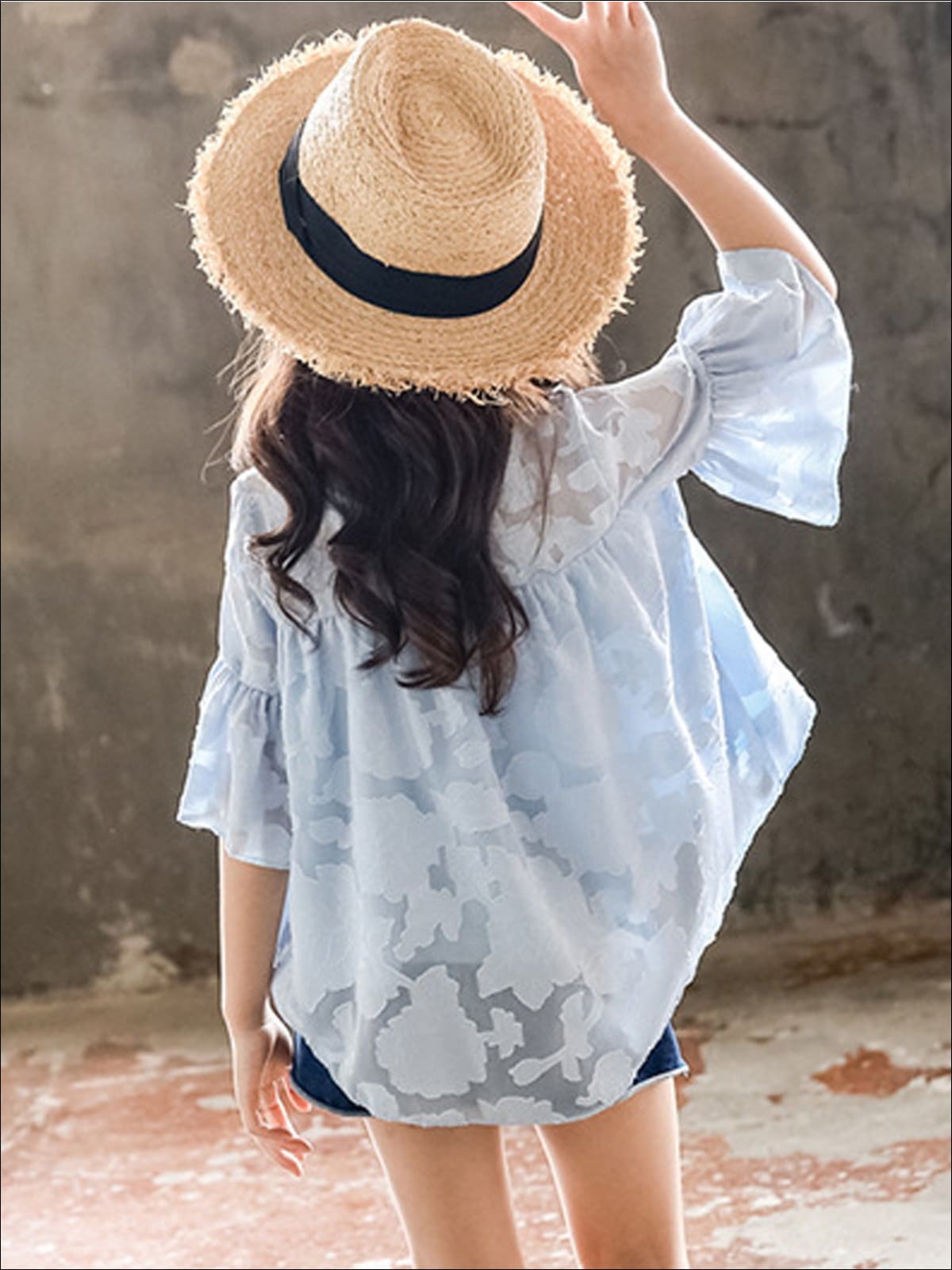 Girls Chiffon Flare Sleeve Hi-Low Top & Denim Shorts Set - Girls Spring Casual Set