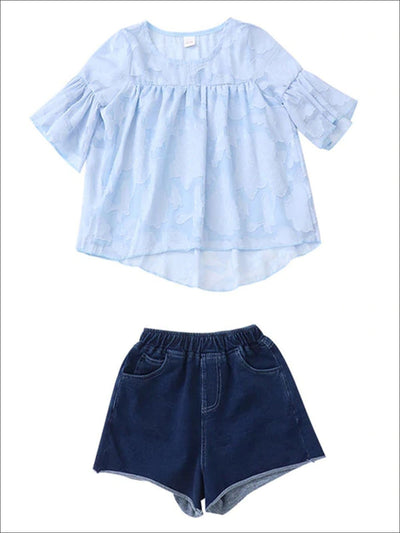 Girls Chiffon Flare Sleeve Hi-Low Top & Denim Shorts Set - Girls Spring Casual Set