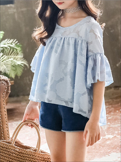 Girls Chiffon Flare Sleeve Hi-Low Top & Denim Shorts Set - Light blue / 3T - Girls Spring Casual Set