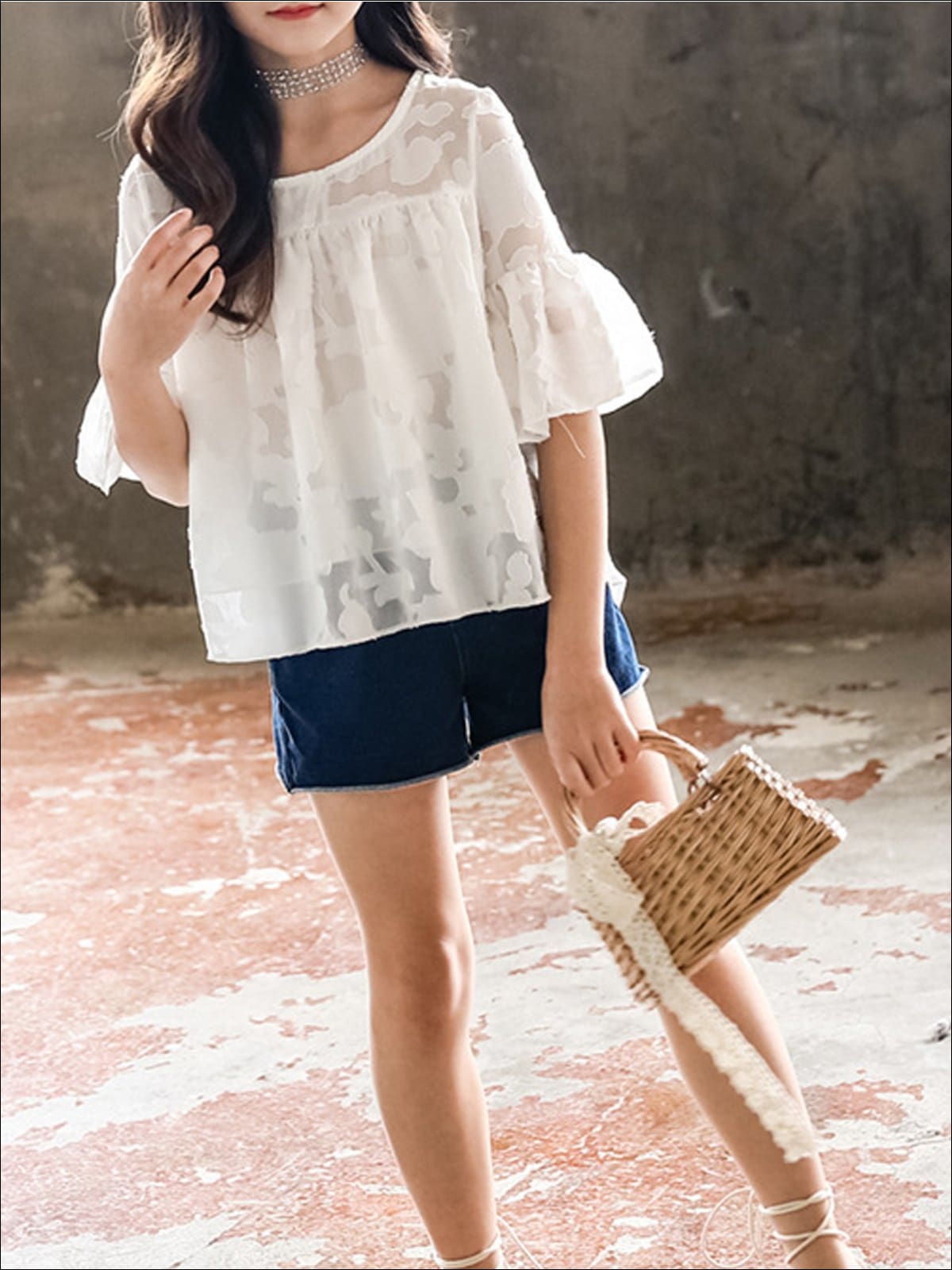 Girls Chiffon Flare Sleeve Hi-Low Top & Denim Shorts Set - White / 3T - Girls Spring Casual Set