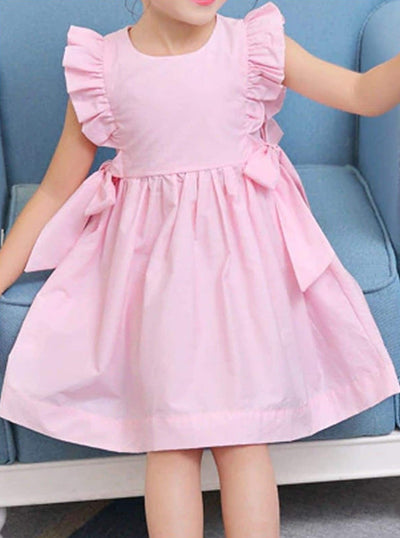 Girls Chiffon Ruffled Sleeve Side Bow A-Line Dress - Pink / 3T - Girls Spring Casual Dress