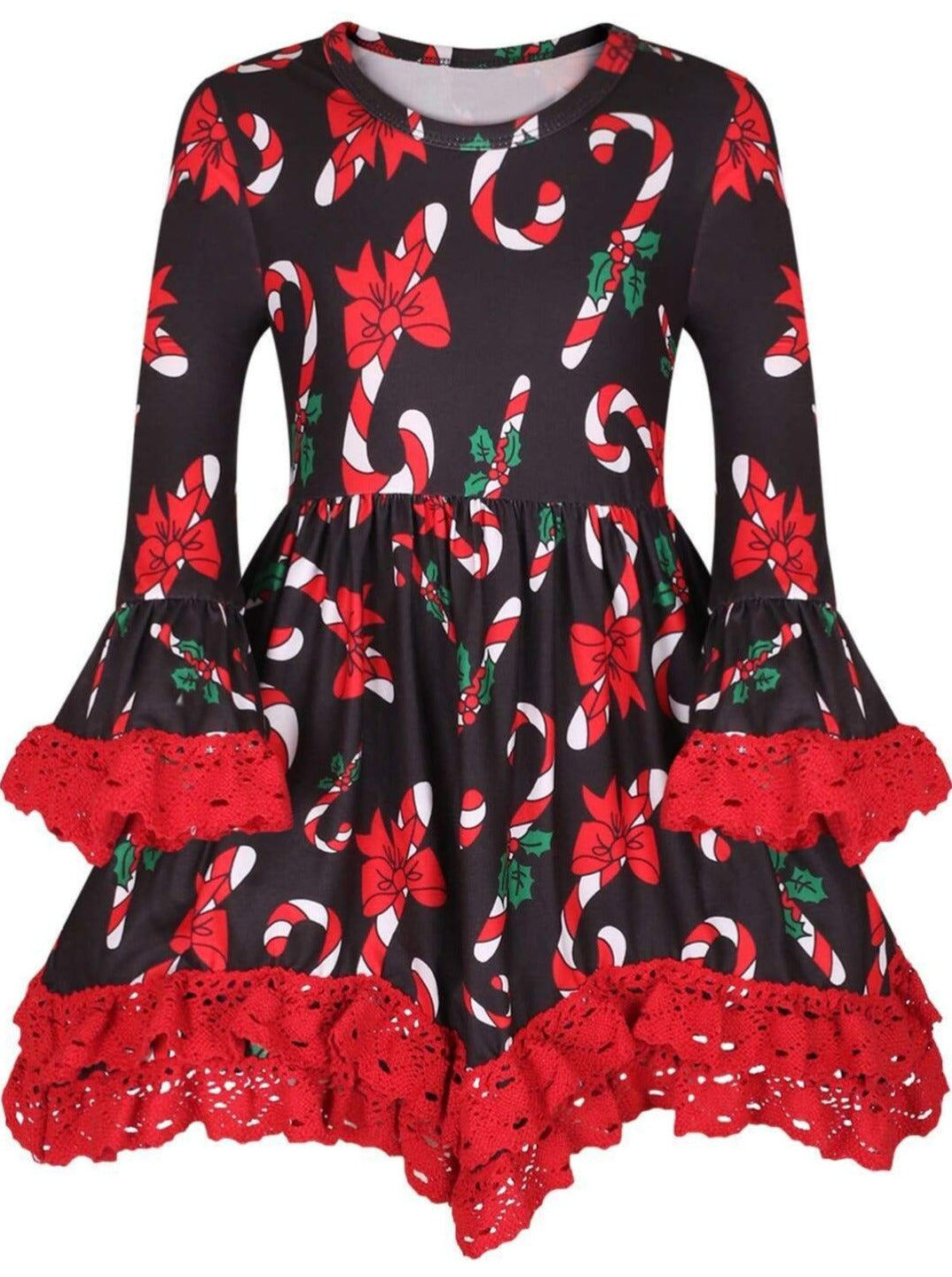 Girls Christmas Themed Candy Cane Print Long Sleeve Crochet Ruffled Tunic - Girls Christmas Top