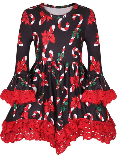 Girls Christmas Themed Candy Cane Print Long Sleeve Crochet Ruffled Tunic - Girls Christmas Top