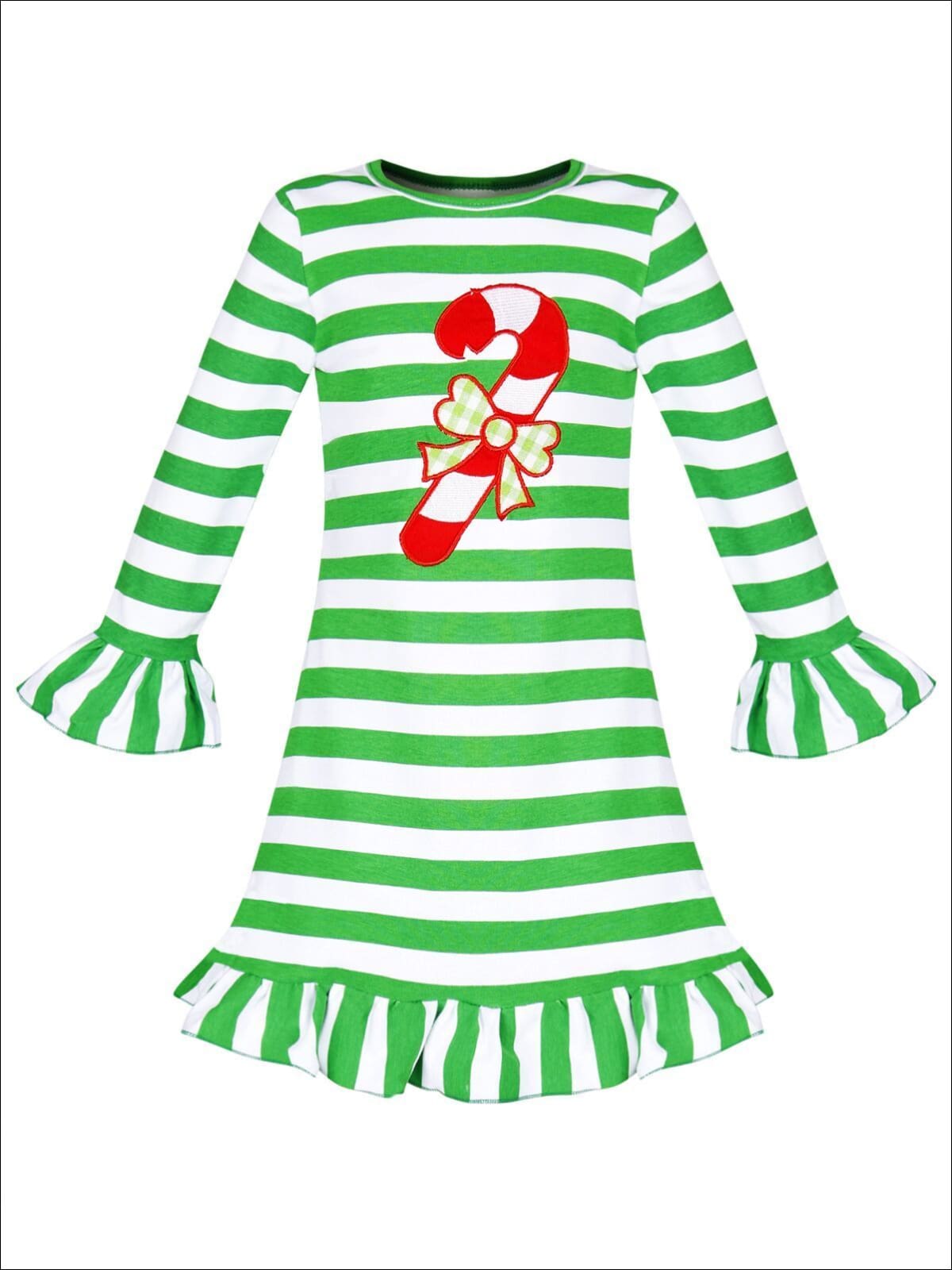 Girls Christmas Themed Red & Green Striped Candy Cane Ruffled Dress - Girls Christmas Dress