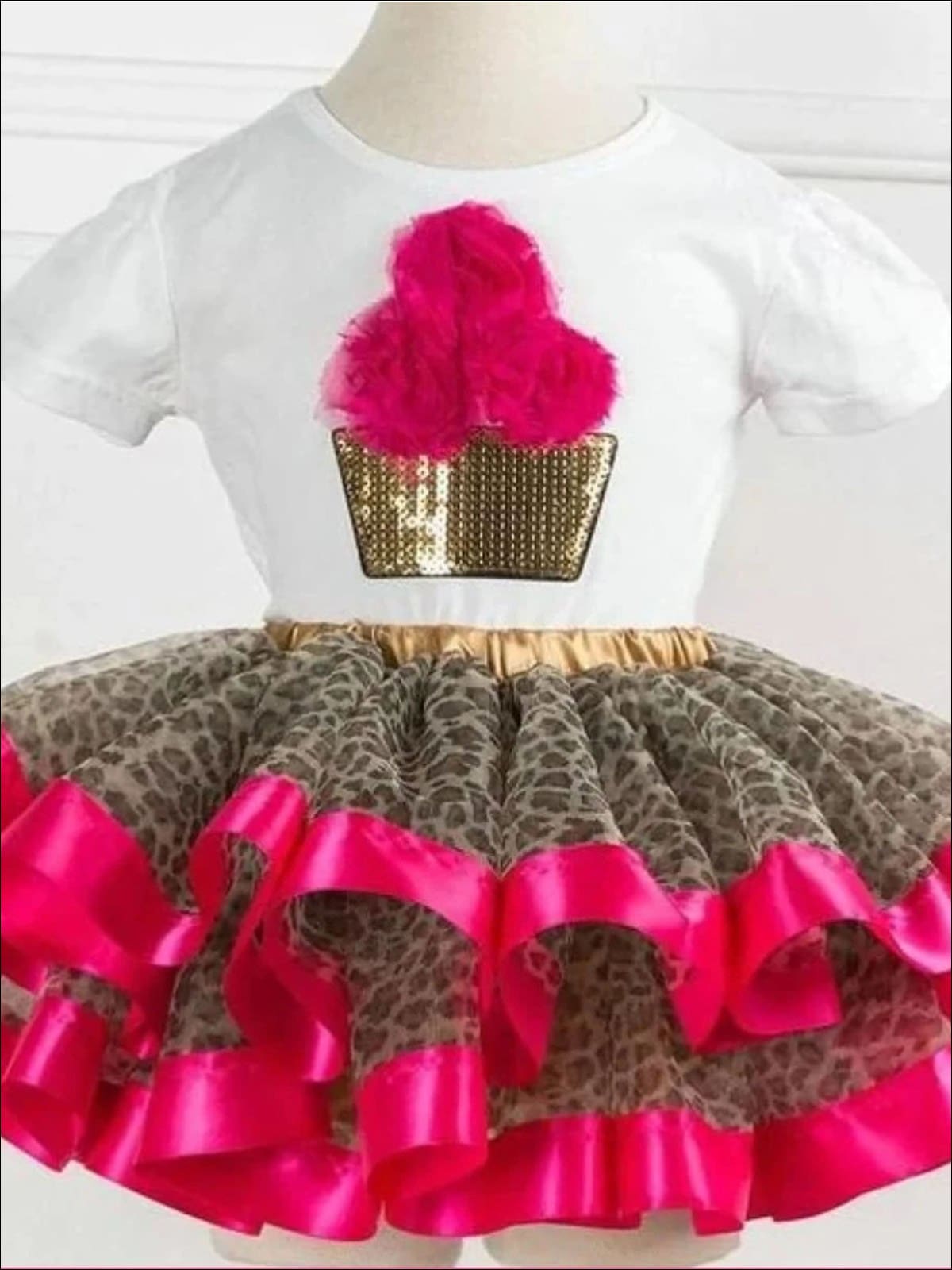 Girls Cupcake T-Shirt & Multicolor Tutu Skirt Set - Leopard/Hot Pink / 2T - Girls Spring Casual Set