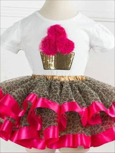 Girls Cupcake T-Shirt & Multicolor Tutu Skirt Set - Leopard/Hot Pink / 2T - Girls Spring Casual Set