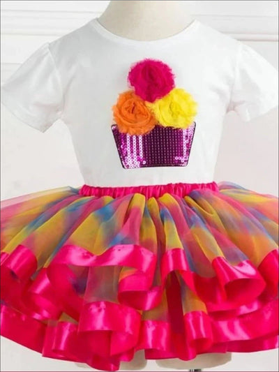 Girls Cupcake T-Shirt & Multicolor Tutu Skirt Set - Pink Rainbow / 2T - Girls Spring Casual Set