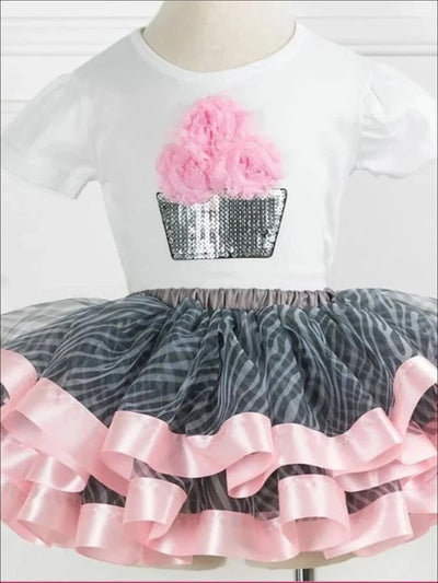 Girls Cupcake T-Shirt & Multicolor Tutu Skirt Set - Pink/Gray / 2T - Girls Spring Casual Set