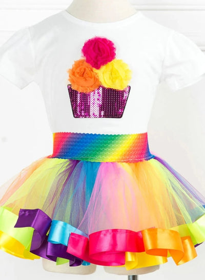 Girls Summer Clothes | Sequin Cupcake Tee & Rainbow Tutu Skirt Set