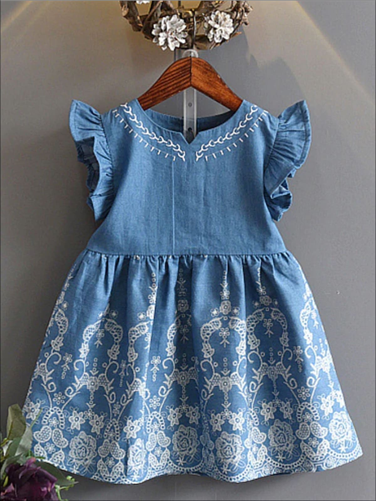 Little Girls Spring Dress | Flutter Sleeve Embroidered Chambray Dress