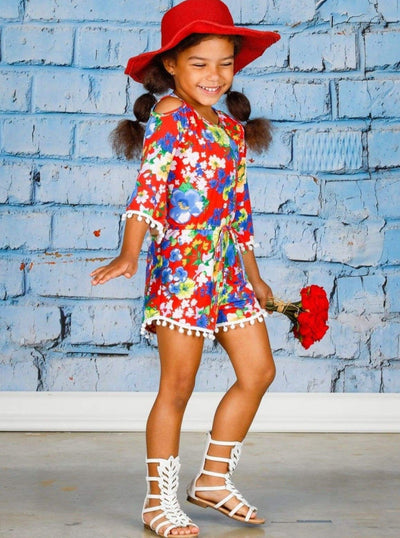Cute Toddler Outfit | Girls Floral Cold Shoulder Drawstring Romper