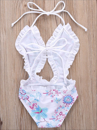 Toddlers Swimsuits | Floral Cutout Ruffle Trim One Piece Swimsuit