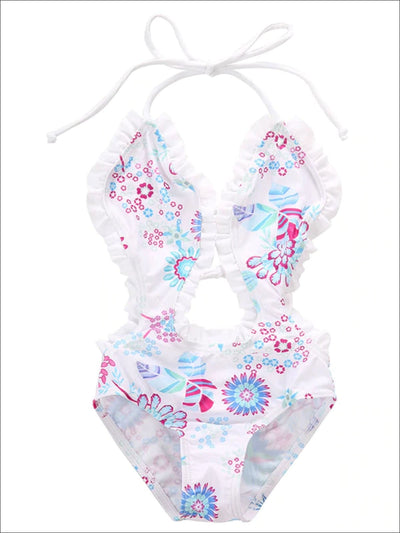 Toddlers Swimsuits | Floral Cutout Ruffle Trim One Piece Swimsuit