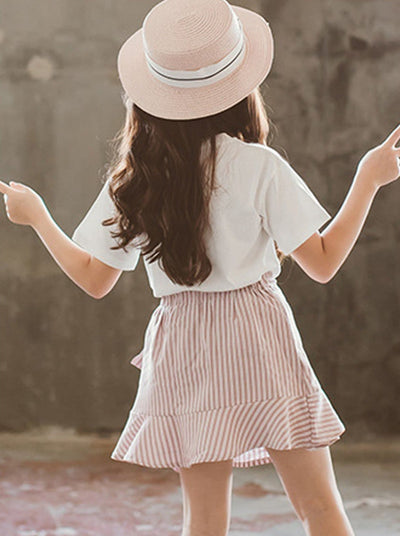 Girls Smell The Roses Tee & Striped Wrap Skirt Set - Mia Belle Girls