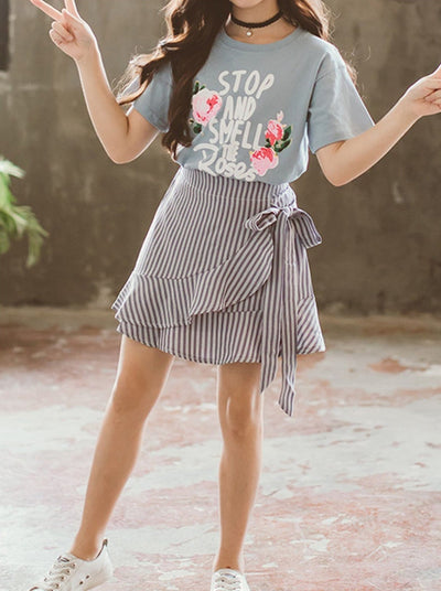 Girls Smell The Roses Tee & Striped Wrap Skirt Set - Mia Belle Girls