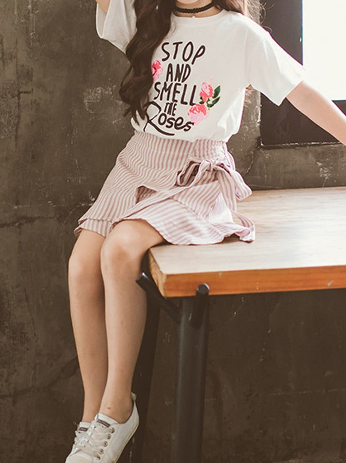 Girls Smell The Roses Tee & Striped Wrap Skirt Set - Mia Belle Girls