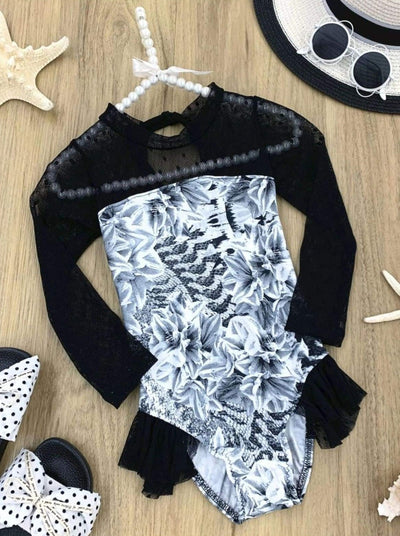 Kids Cute Swimsuits | Girls Floral Lace Rash Guard One Piece Swimsuit