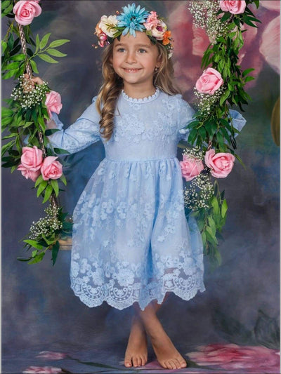 Girls Floral Lace Long Sleeve Casual Dress - Girls Spring Casual Dress