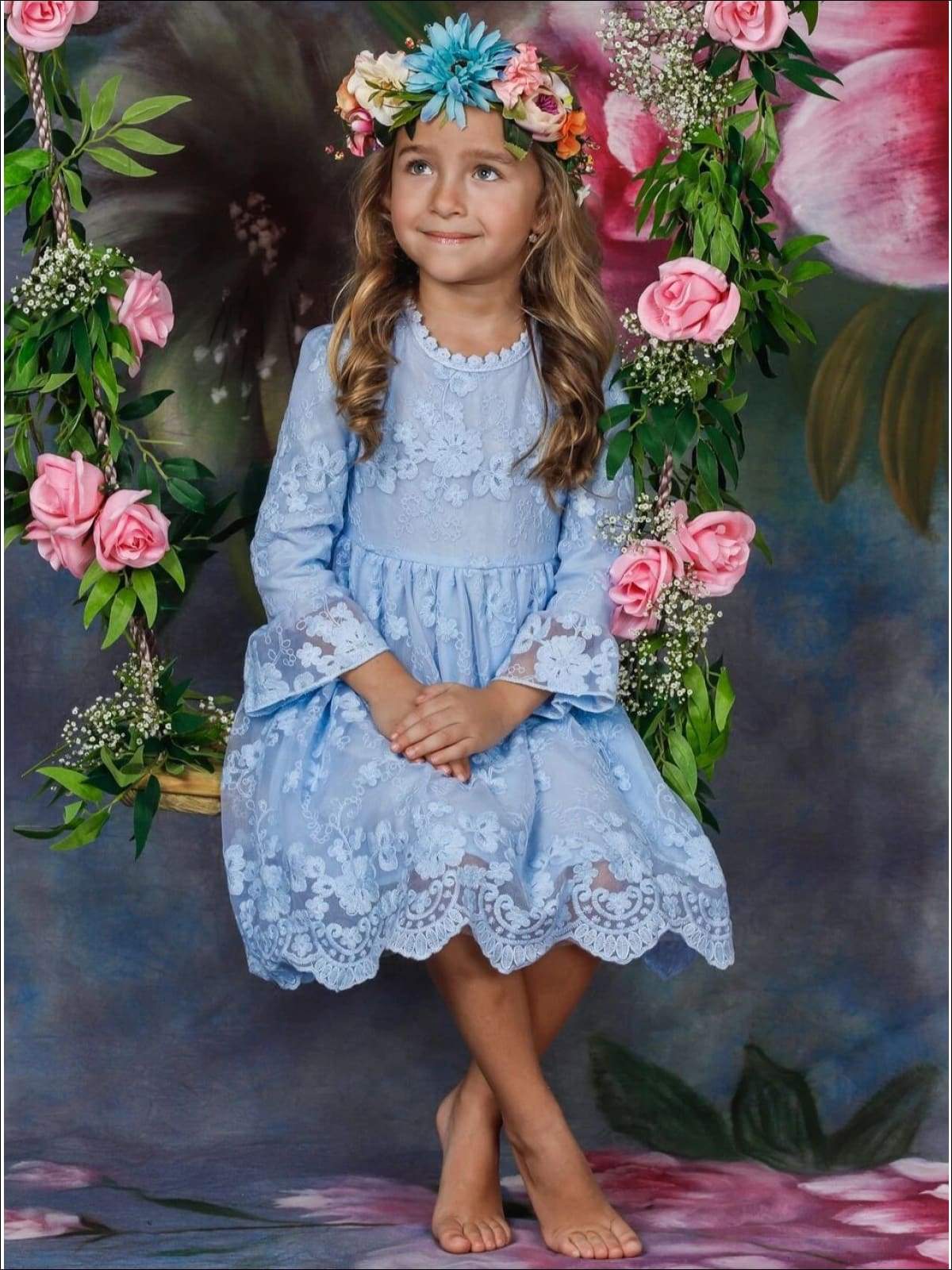 Girls Floral Lace Long Sleeve Casual Dress - Girls Spring Casual Dress