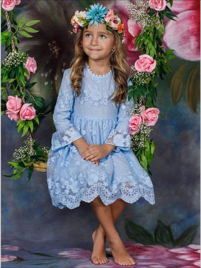 Girls Floral Lace Long Sleeve Casual Dress - Girls Spring Casual Dress