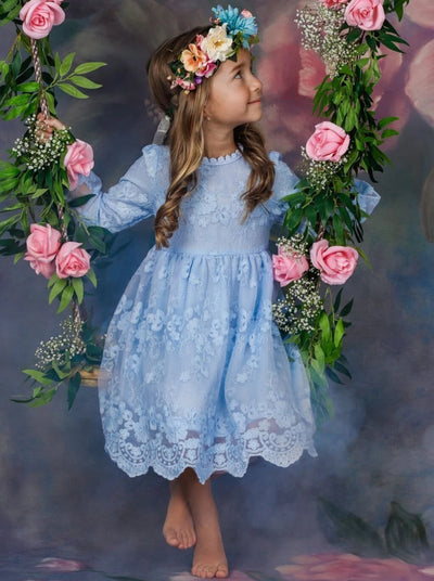 Girls Floral Lace Long Sleeve Casual Dress - Girls Spring Casual Dress
