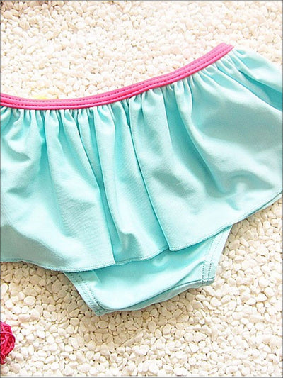 Girls Floral Tie Up Skirted Two Piece Swimsuit With Matching Hat - Girls Two Piece Swimsuit