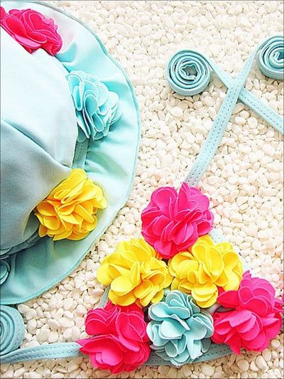 Girls Floral Tie Up Skirted Two Piece Swimsuit With Matching Hat - Girls Two Piece Swimsuit
