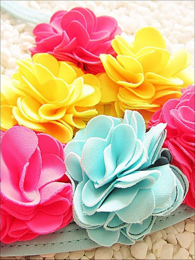 Girls Floral Tie Up Skirted Two Piece Swimsuit With Matching Hat - Girls Two Piece Swimsuit