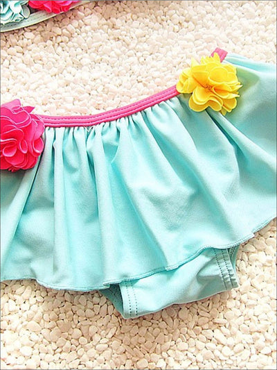 Girls Floral Tie Up Skirted Two Piece Swimsuit With Matching Hat - Girls Two Piece Swimsuit
