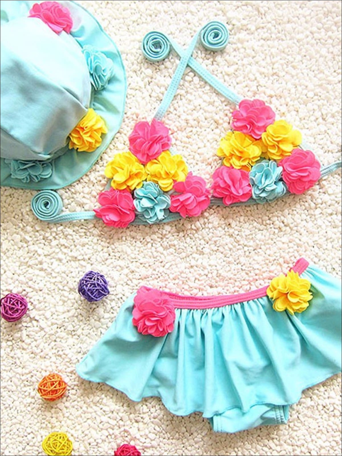 Girls Floral Tie Up Skirted Two Piece Swimsuit With Matching Hat - Blue / 2T - Girls Two Piece Swimsuit