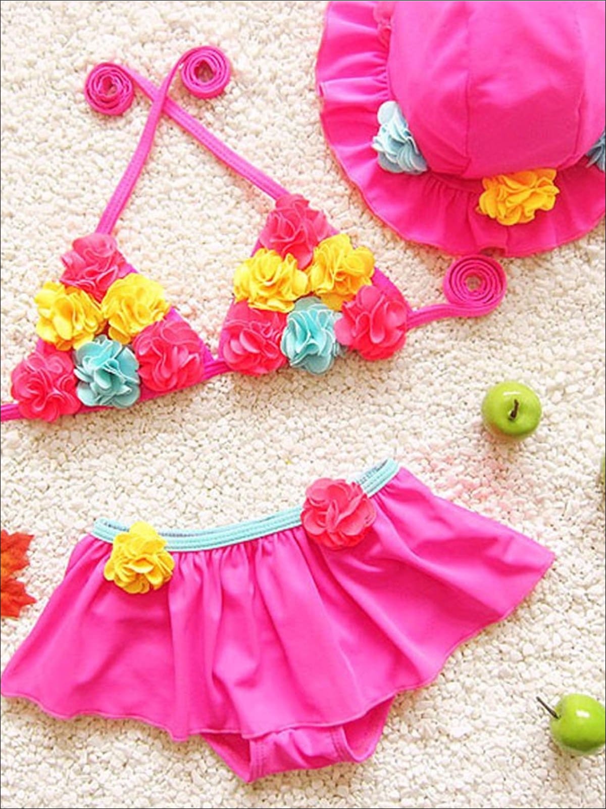 Girls Floral Tie Up Skirted Two Piece Swimsuit With Matching Hat - Pink / 2T - Girls Two Piece Swimsuit
