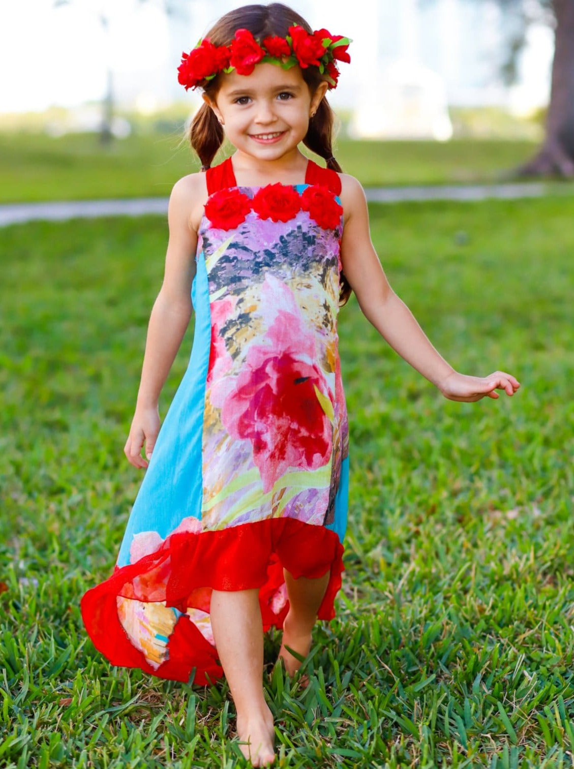 Girls Flower Trim Side Tail Ruffle Hem Dress - Girls Spring Dressy Dress