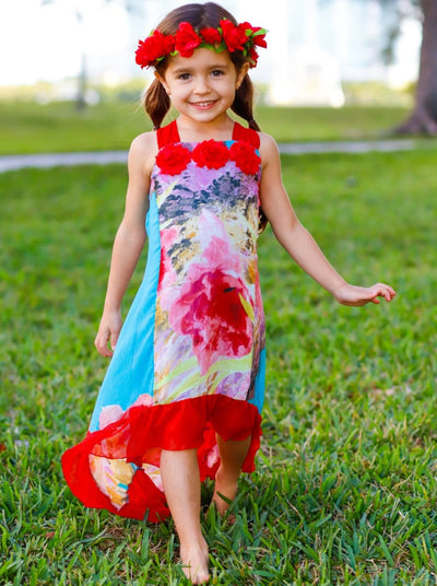 Girls Flower Trim Side Tail Ruffle Hem Dress - Girls Spring Dressy Dress