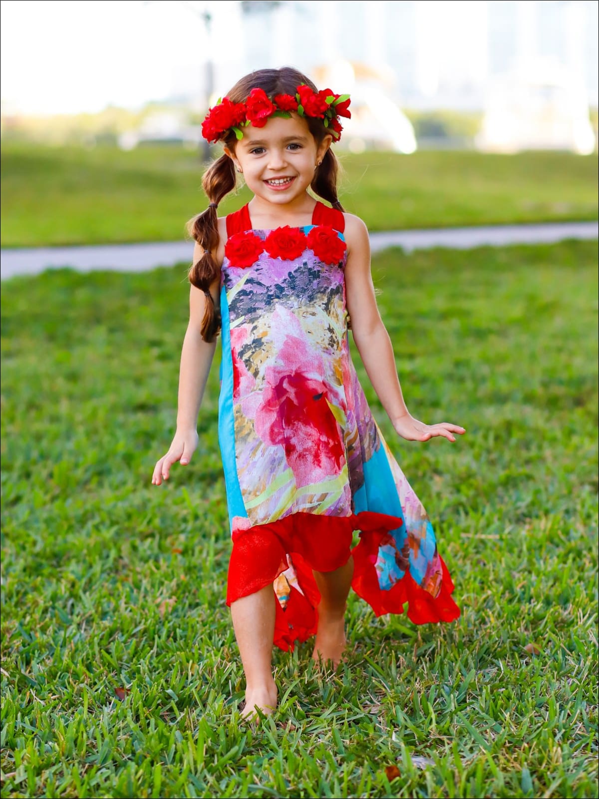 Girls Flower Trim Side Tail Ruffle Hem Dress - Girls Spring Dressy Dress