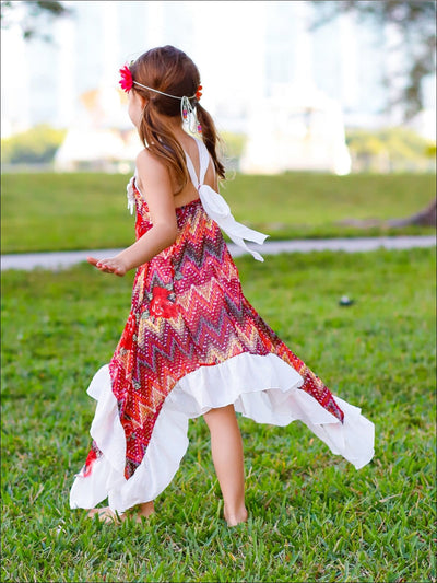 Girls Flower Trim Side Tail Ruffle Hem Dress - Girls Spring Dressy Dress