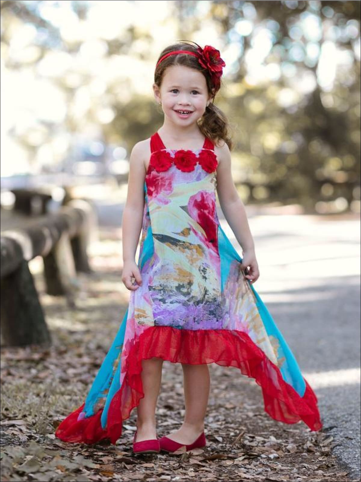 Girls Flower Trim Side Tail Ruffle Hem Dress - Girls Spring Dressy Dress