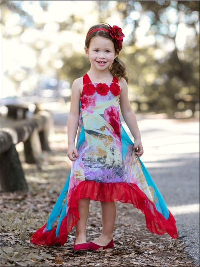 Girls Flower Trim Side Tail Ruffle Hem Dress - Girls Spring Dressy Dress
