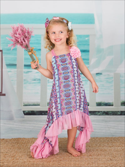 Girls Flower Trim Side Tail Ruffle Hem Dress - Girls Spring Dressy Dress