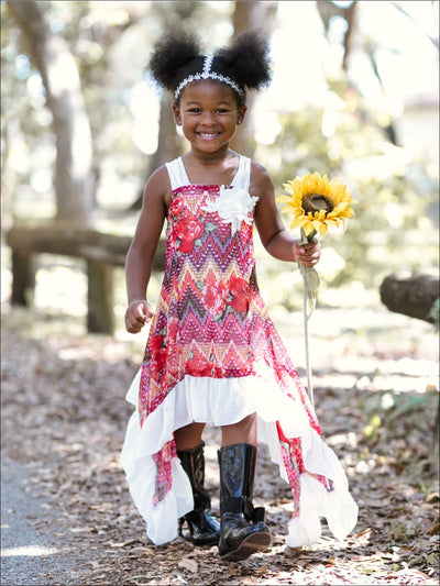 Girls Flower Trim Side Tail Ruffle Hem Dress - Girls Spring Dressy Dress