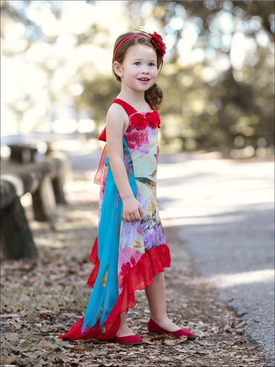 Girls Flower Trim Side Tail Ruffle Hem Dress - Girls Spring Dressy Dress