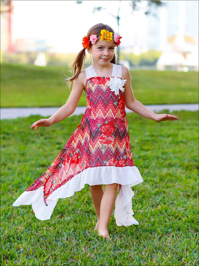 Girls Flower Trim Side Tail Ruffle Hem Dress - Girls Spring Dressy Dress